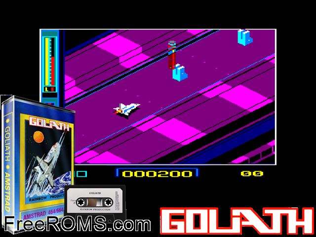 Goliath (F) (1986) [a1] Amstrad CPC game showing 3D box cover and gameplay screenshot